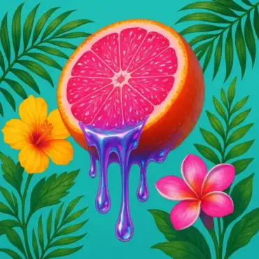 A halved blood orange dripping holographic purple honey, surrounded by tropical flowers and palm leaves on a turquoise background.