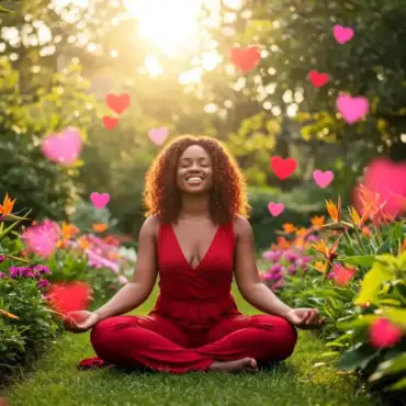 Woman in a red jumpsuit meditating in a flower garden, with floating love hearts around her, symbolizing self-love and emotional preparation before a new relationship.