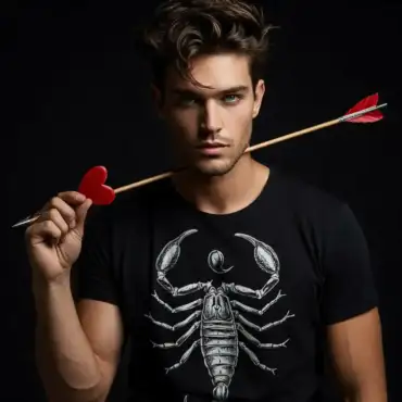 Man with a scorpion t-shirt holding a heart-shaped lollipop with an arrow through it, symbolizing attraction and the complexities of love and desire.