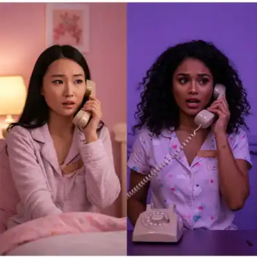 Two women, each in pajamas, talking on a vintage telephone in separate rooms, symbolizing the process of reconnecting and healing after a fallout with friends.