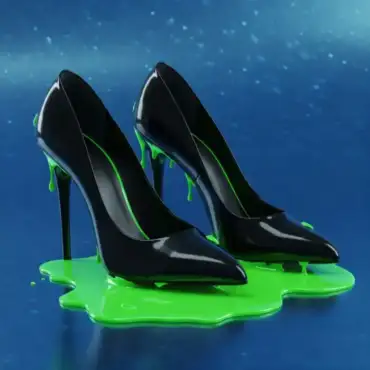 Black high heels with green slime dripping from them, symbolizing concerns about the potential dangers of cheap, fast-fashion shoes from Shein.