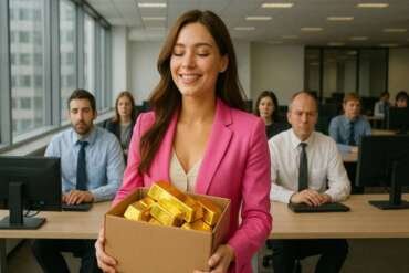 Woman in pink suit confidently leaving office with box of belongings while coworkers look miserable.