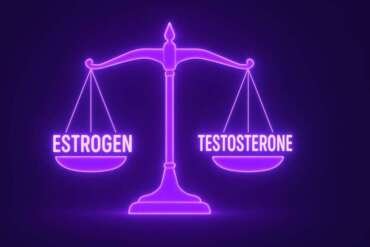 Purple balance scale with estrogen on one side and testosterone on the other, symbolizing hormone imbalance in PCOS.