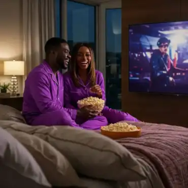 Couple in matching purple pajamas sitting on a bed, laughing and enjoying popcorn while binge-watching Netflix.