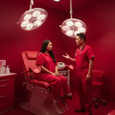 Doctor in red scrubs explaining to a woman in red medical attire during a gynecology consultation in a red-themed examination room, symbolizing discussions about menstrual health.