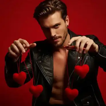 Man in a leather jacket holding strings with red heart-shaped ornaments, symbolizing manipulation and control associated with certain zodiac signs.