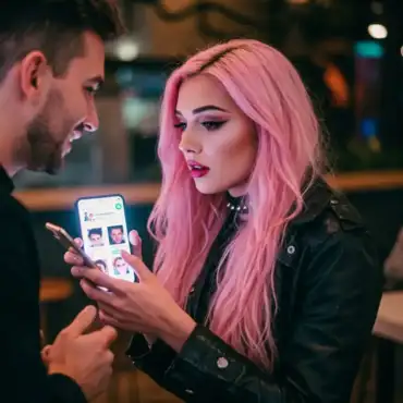 Woman with pink hair looking at a dating app on her phone while speaking to a man, symbolizing the frustrations of modern dating.