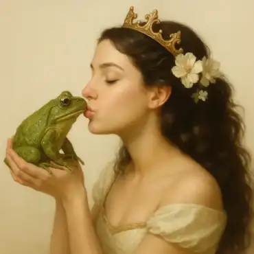 Illustration of a princess kissing a frog, symbolizing the risk of spreading cavities through kissing.