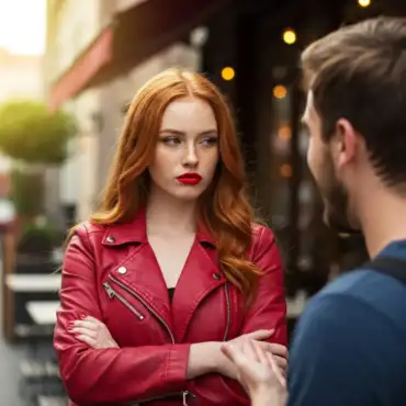 Woman in a red leather jacket with crossed arms, staring intensely, representing frustration in a relationship where someone isn’t worth your time.