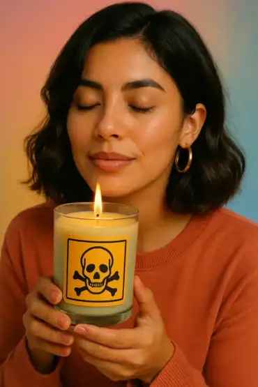 Latina woman smelling a scented candle with a visible warning label, representing concerns about hormone disruption from household products.