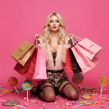 🔹 Alt Text (SEO-friendly): Blonde woman in a fluffy pink sweater holding shopping bags, surrounded by candy and lollipops, symbolizing luxury and indulgence associated with being a sugar baby.