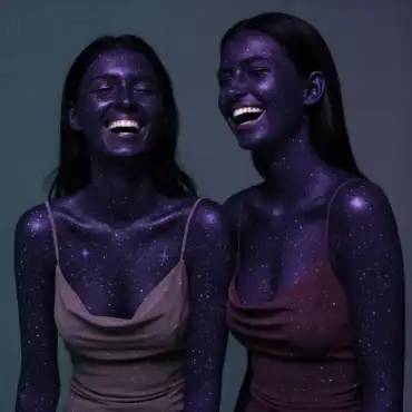 Two women with starry body paint, representing loyalty and cosmic connections in astrology, laughing together as a symbol of friendship and loyalty.