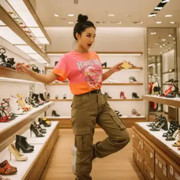Woman holding a credit card while shopping for shoes, symbolizing improving financial habits and fixing credit.