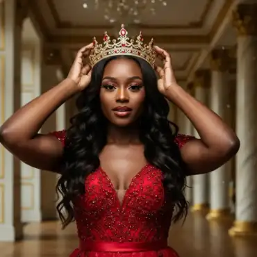 Woman in a red embellished dress wearing a crown, exuding confidence and "main character" energy in a grand setting.