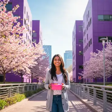 Woman holding a pink lunchbox on a sunny street lined with cherry blossoms, smiling during her lunch break to represent enjoyable and refreshing activities during work breaks.