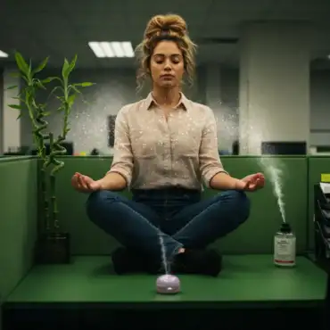 Woman meditating at her desk in an office with a diffuser, bamboo plants, and sparkling magic dust, symbolizing a zen work environment.
