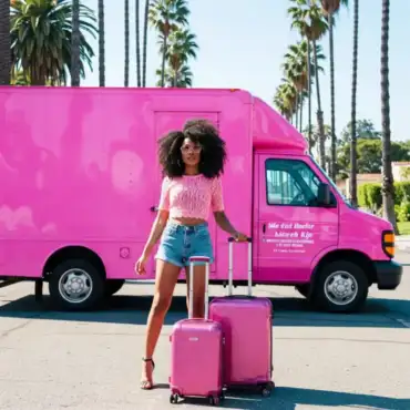 Woman with curly hair standing next to pink suitcases and a pink moving truck, surrounded by palm trees, symbolizing a fun, adventurous life in a vibrant city.