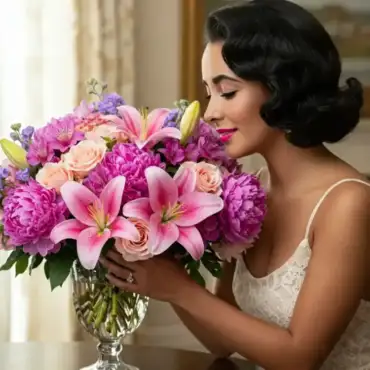 Woman smelling a bouquet of pink lilies and peonies, symbolizing the luxurious and sophisticated atmosphere created by fresh flowers in the home.