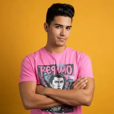 Man in a pink shirt with crossed arms, smirking against a yellow background, representing the playful and sometimes frustrating nature of zodiac signs in relationships.